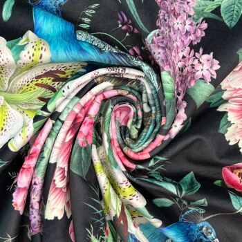 CVL054 - Peacock Blossom Jet Black Digitally printed, soft & durable Velvet fabric with a plush finish