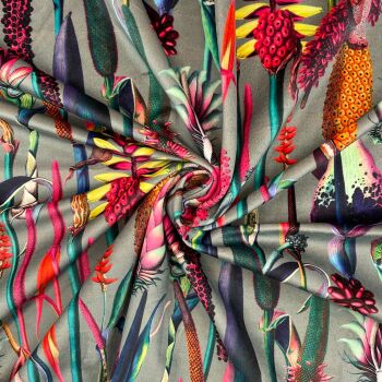 CVL031 - Botanical Silver Digitally printed, soft & durable Velvet fabric with a plush finish