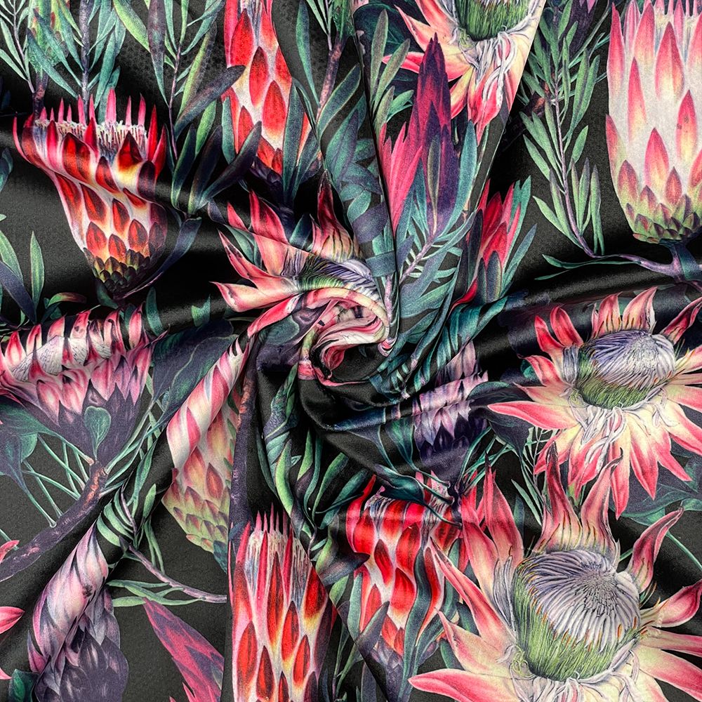 CVL022 - Protea Flowers Black Digitally printed, soft & durable Velvet fabr