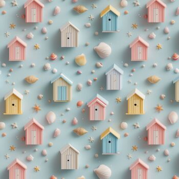 3D EFFECT - PASTEL BEACH HUTS. 140cms wide, 100% cotton, med weight from Chatham Glyn.