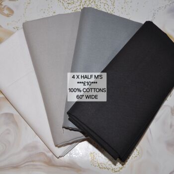 Greys, black, white bundle 4 x half metres 100% cottons