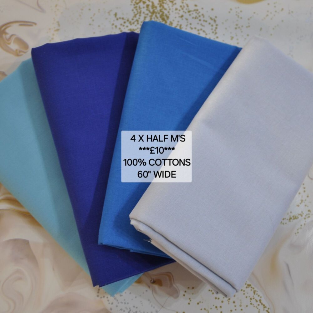 Blue bundle 4 x half metres 100% cottons