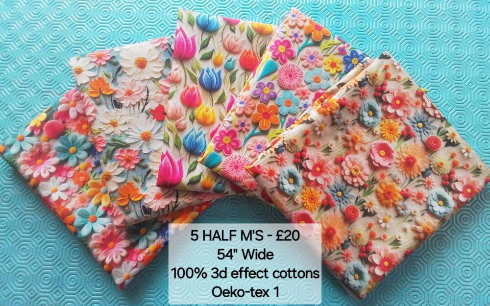 3D effect cottons, flowers 5 x half metres 100% cottons