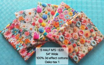 3D effect cottons, flowers 5 x half metres 100% cottons