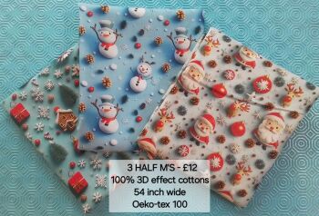 3D effect cottons, Christmas 3 x half metres 100% cottons
