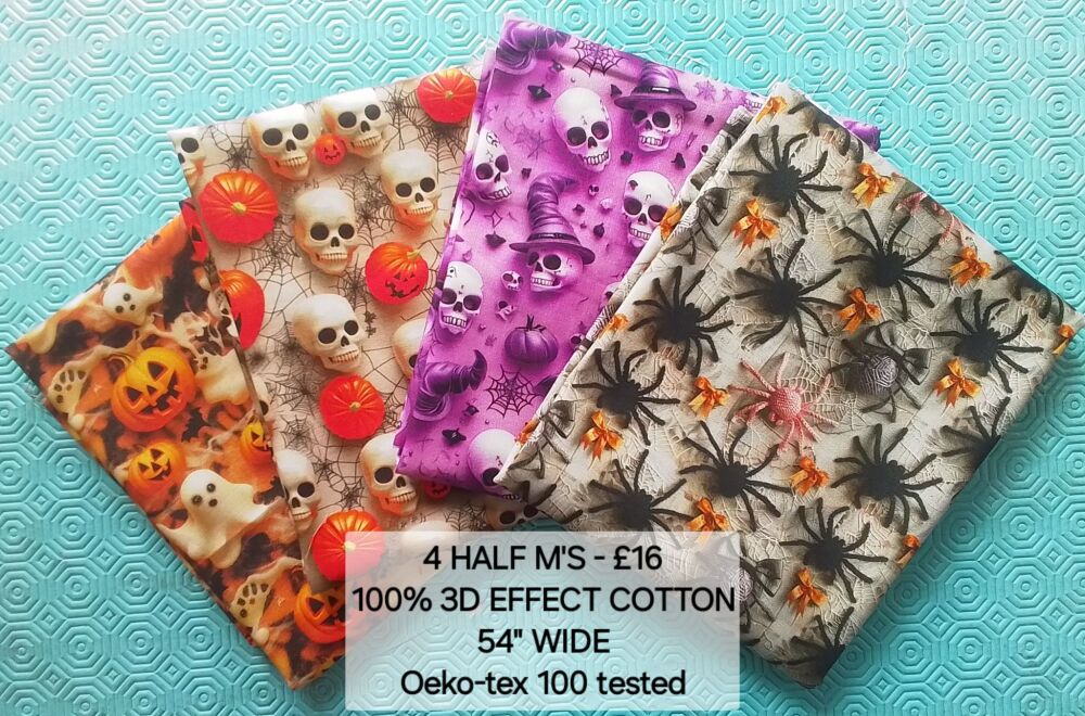 3D effect cottons, Spooky halloween 4 x half metres 100% cottons
