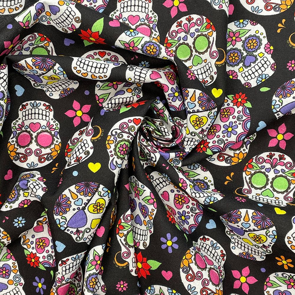 CC266 - Sugar Skulls Black Crafty Cottons Digital Printed 100% Cotton