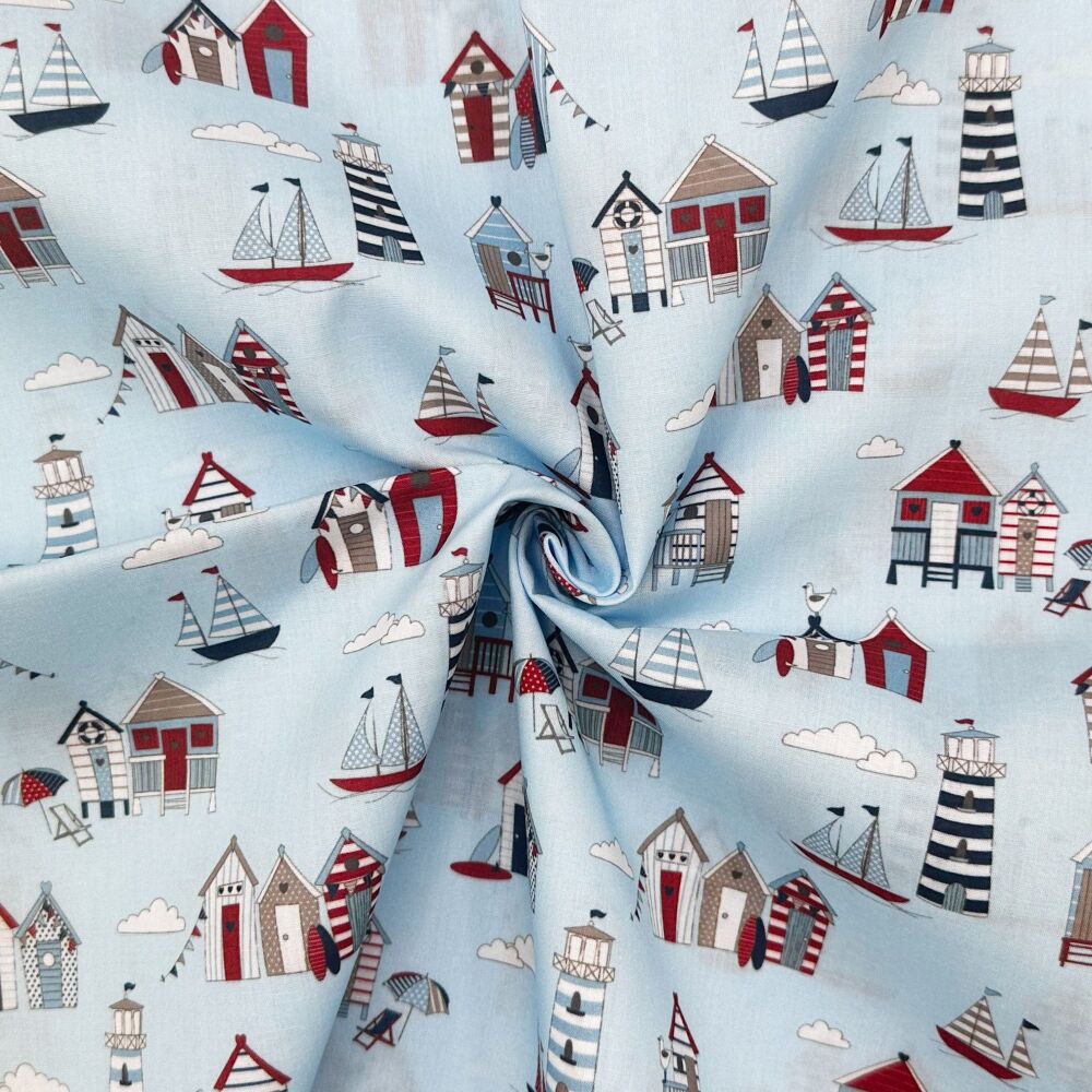 3 Metre pre cut length - 80/20 Polycotton &ndash; [DESIGN 22 beach huts blue] &ndash; 112cm Wide
