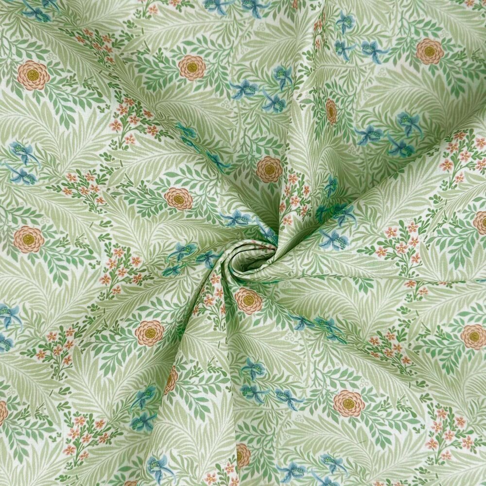 3 Metre pre cut length - 80/20 Polycotton &ndash; [DESIGN 27 William Morris Larkspur green] &ndash; 112cm Wide