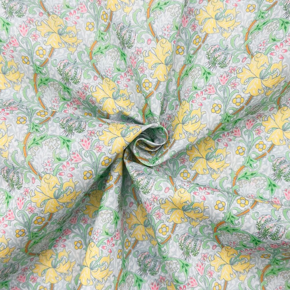 3 Metre pre cut length - 80/20 Polycotton &ndash; [DESIGN 30 William Morris Golden Lily pastel green &ndash; 112cm Wide