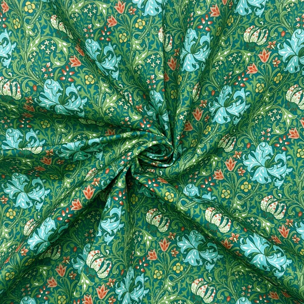 3 Metre pre cut length - 80/20 Polycotton &ndash; [DESIGN 37 William Morris Golden Lily green] &ndash; 112cm Wide