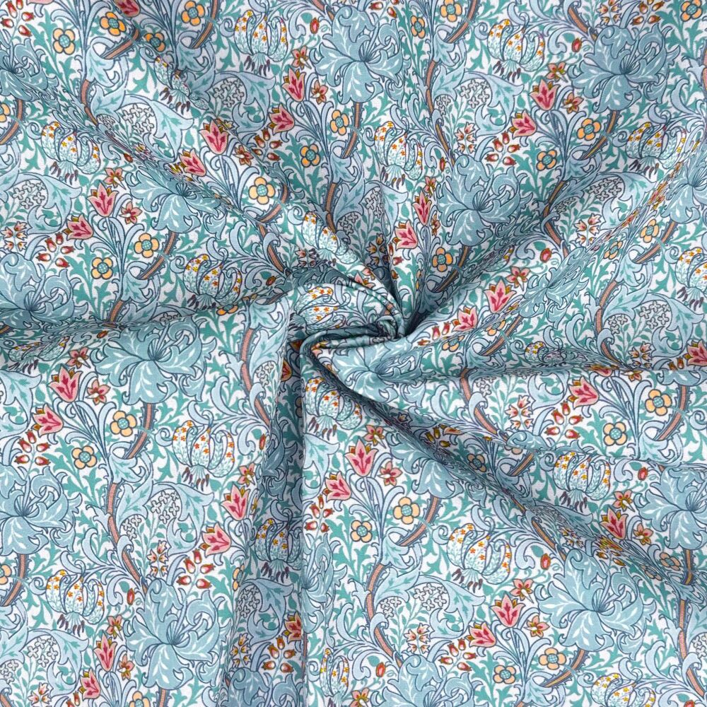 3 Metre pre cut length - 80/20 Polycotton &ndash; [DESIGN 38 William Morris Golden Lily cornflower] &ndash; 112cm Wide