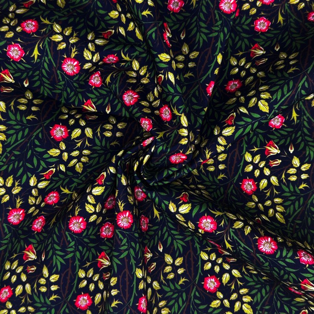 3 Metre pre cut length - 80/20 Polycotton &ndash; [DESIGN 40 William Morris Sweet Briar ebony] &ndash; 112cm Wide