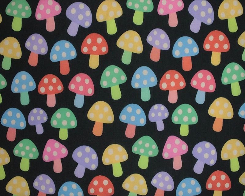 3 Metre pre cut length - 80/20 Polycotton &ndash; [DESIGN 74 mushrooms on black] &ndash; 112cm Wide