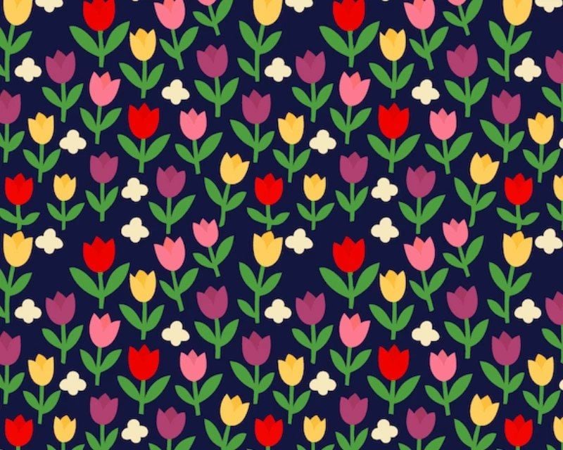 3 Metre pre cut length - 80/20 Polycotton &ndash; [DESIGN 75 tulips on black] &ndash; 112cm Wide