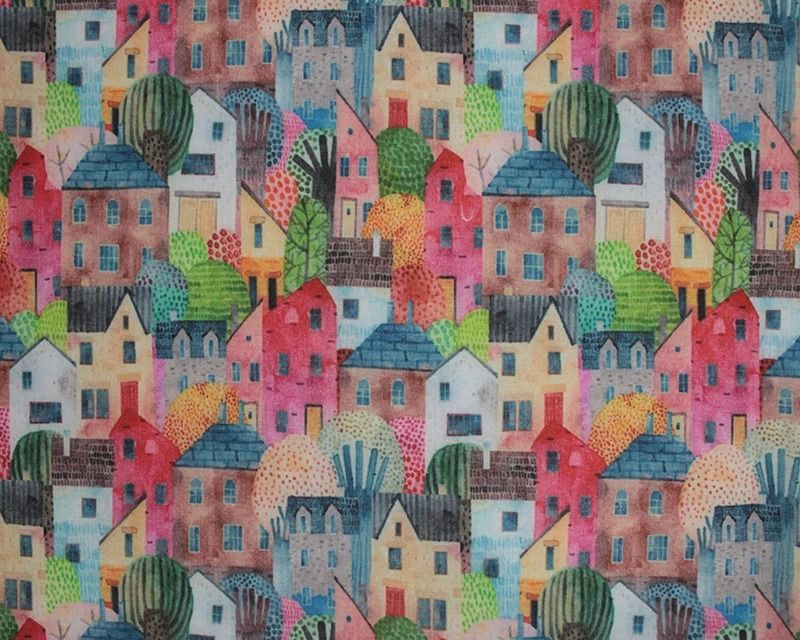 3 Metre pre cut length - 80/20 Polycotton &ndash; [DESIGN 95 watercolour houses] &ndash; 112cm Wide