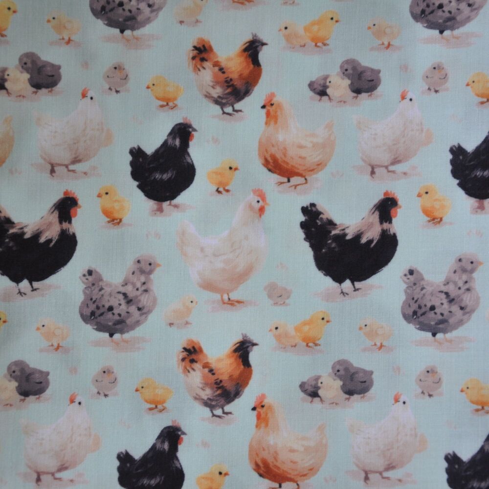 3 Metre pre cut length - 80/20 Polycotton &ndash; [DESIGN 100 Chickens on pale mint] &ndash; 112cm Wide