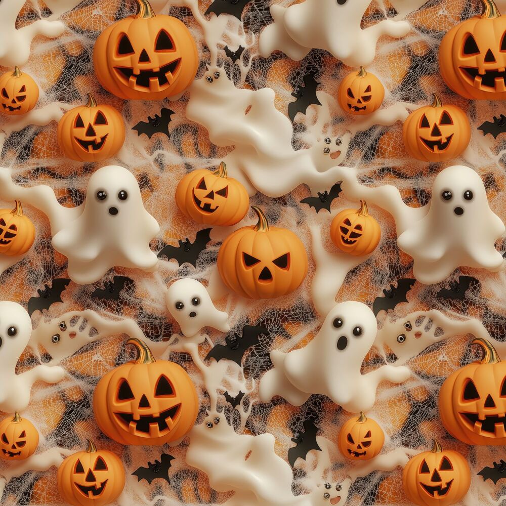 3m Pre-Cut 100% Cotton Fabric &ndash; [3D effect pumpkins and ghosts] &ndash; 140cm Wide