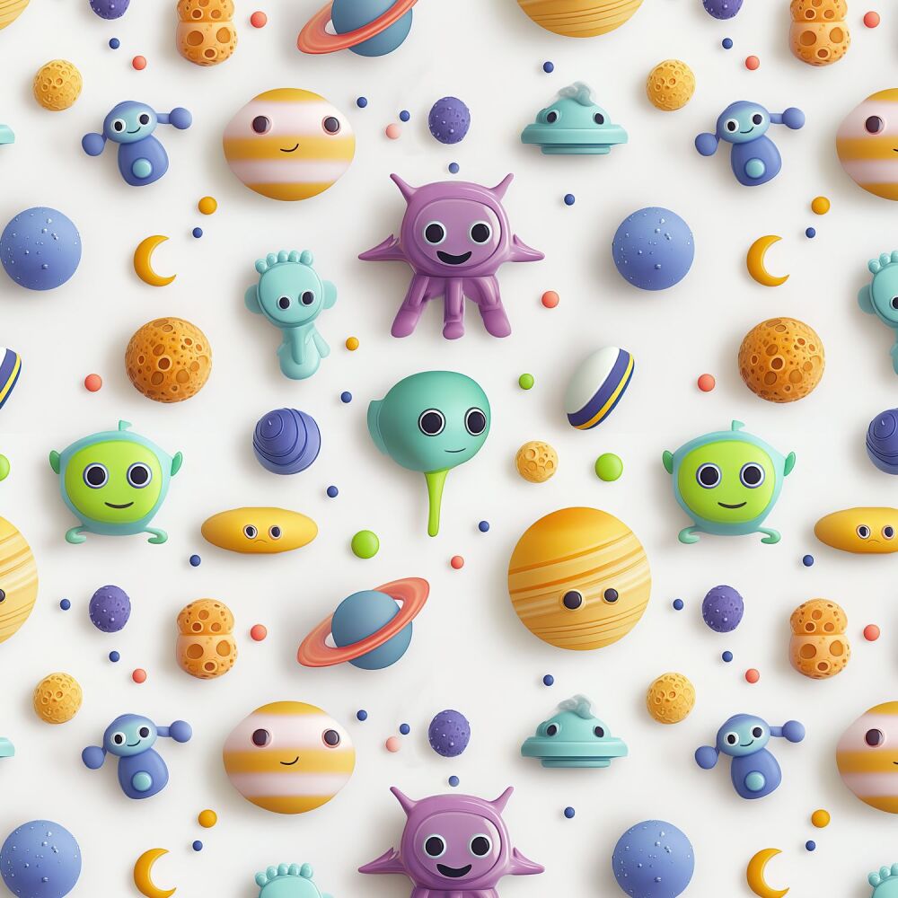 3m Pre-Cut 100% Cotton Fabric &ndash; [3D effect space aliens on white] &ndash; 140cm Wide