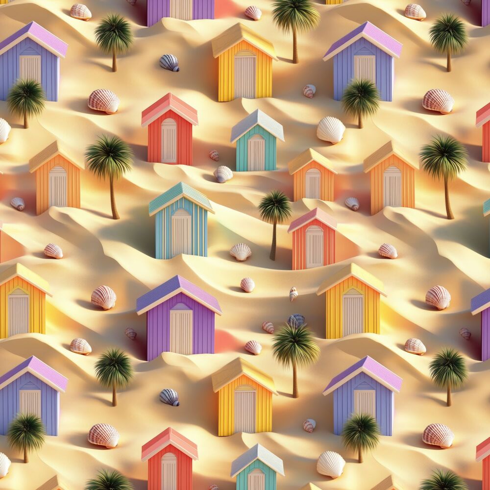 3m Pre-Cut 100% Cotton Fabric &ndash; [3D effect beach huts and sand dunes] &ndash; 140cm Wide