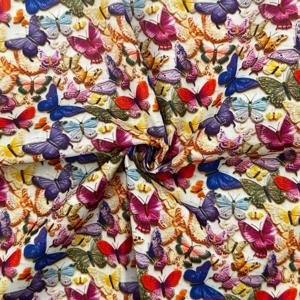 3 Metre pre cut length - 80/20 Polycotton &ndash; [DESIGN 108 3D effect butterfly] &ndash; 112cm Wide