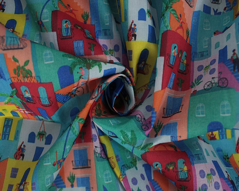 3 Metre pre cut length - 80/20 Polycotton &ndash; [DESIGN 113 Bright houses] &ndash; 112cm Wide