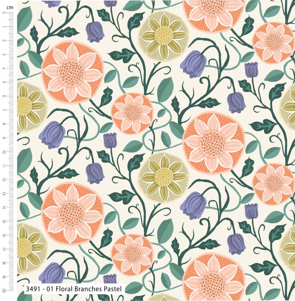 3m Pre-Cut 100% Cotton Fabric &ndash; [Floral branches pastel by Craft Cotton Co'] &ndash; 114cm Wide