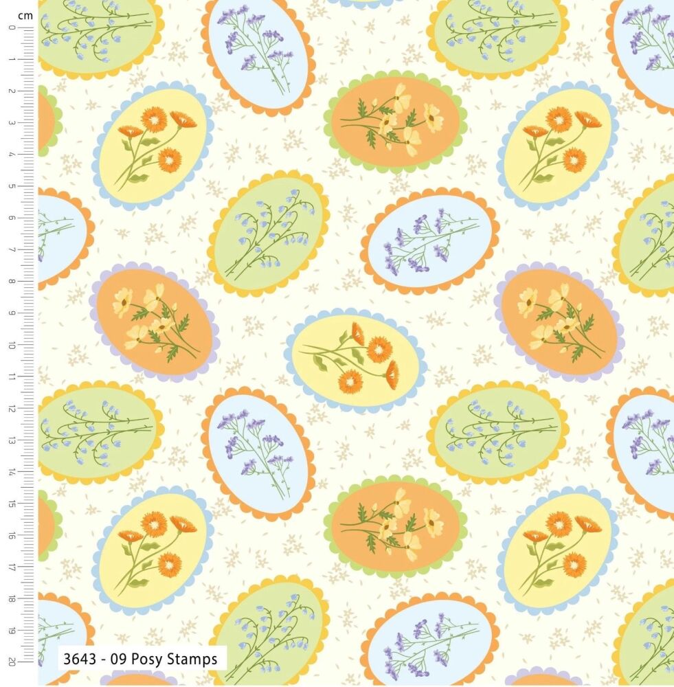 3m Pre-Cut 100% Cotton Fabric &ndash; [Posy stamps by Craft Cotton Co'] &ndash; 114cm Wide