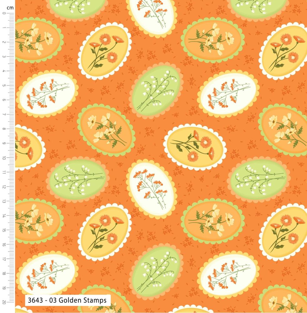 3m Pre-Cut 100% Cotton Fabric &ndash; [Golden stamps by Craft Cotton Co'] &ndash; 114cm Wide