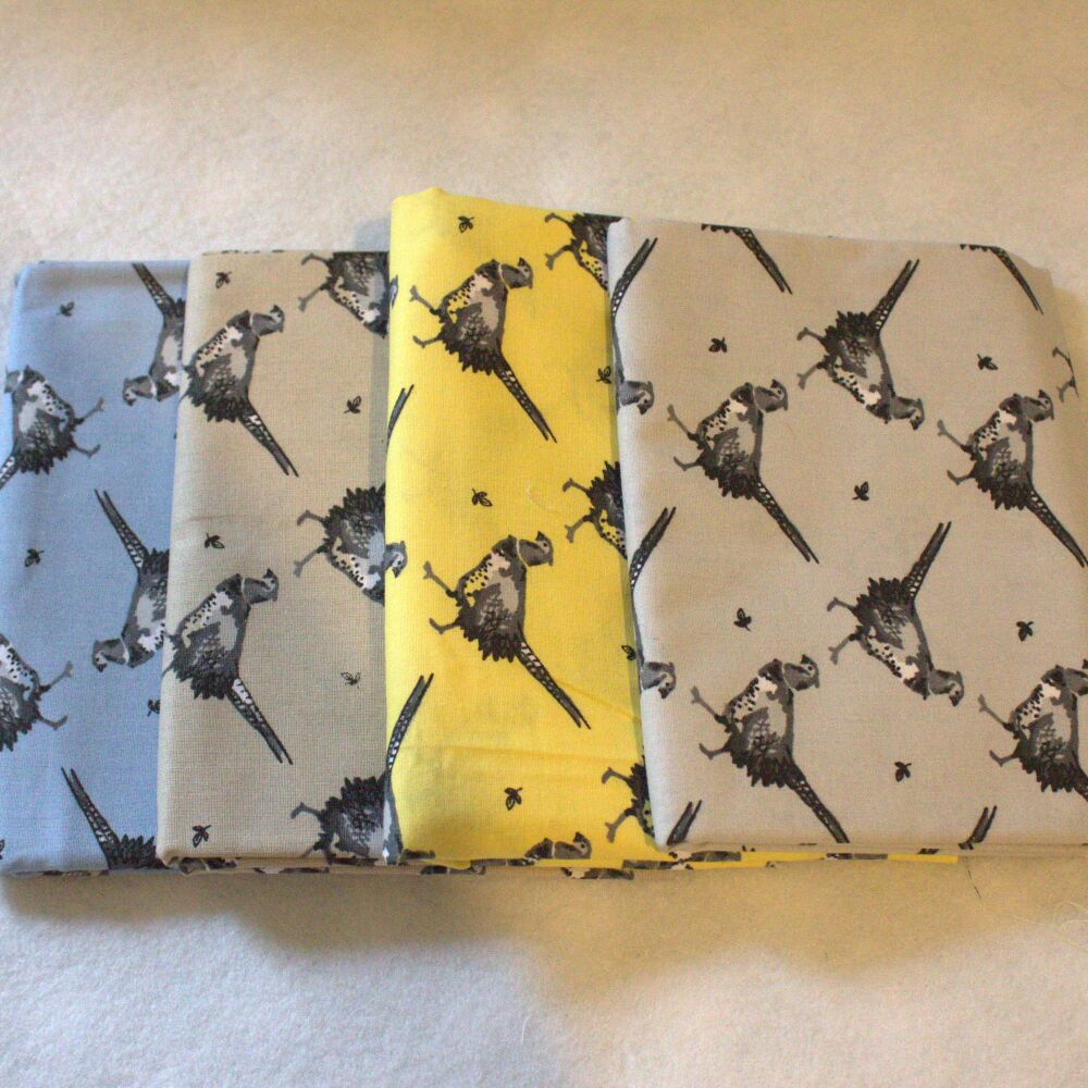Chatham Glyn lifestyle cotton - 4x half metres pheasant bundle 54" wide in the colours light grey, oatmeal, blue and yellow