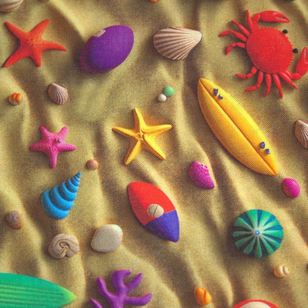3m Pre-Cut 100% Cotton Fabric &ndash; [3D effect beach theme] &ndash; 140cm Wide