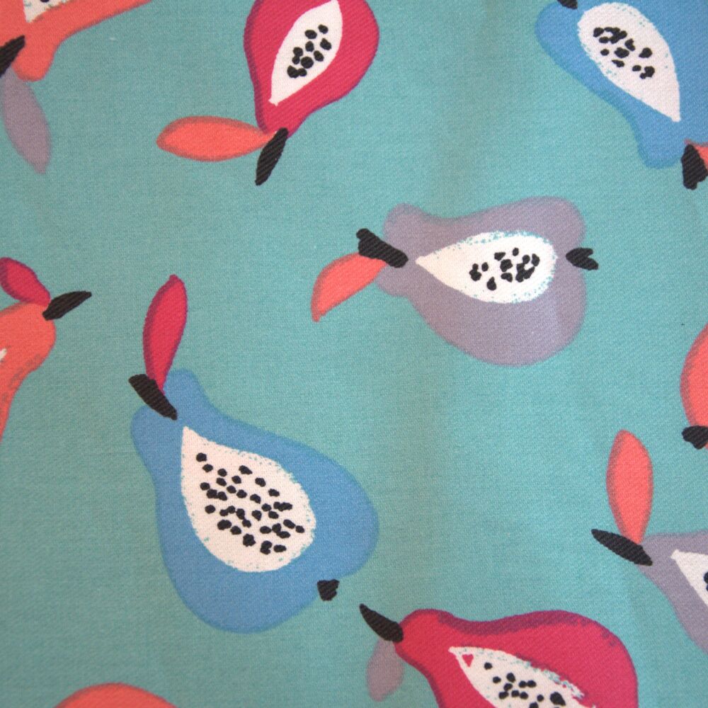 Canvas twill, med weight for cushions, bags etc. 3 METRE PRE CUT length, 54 inch wide [fruit on aqua blue]