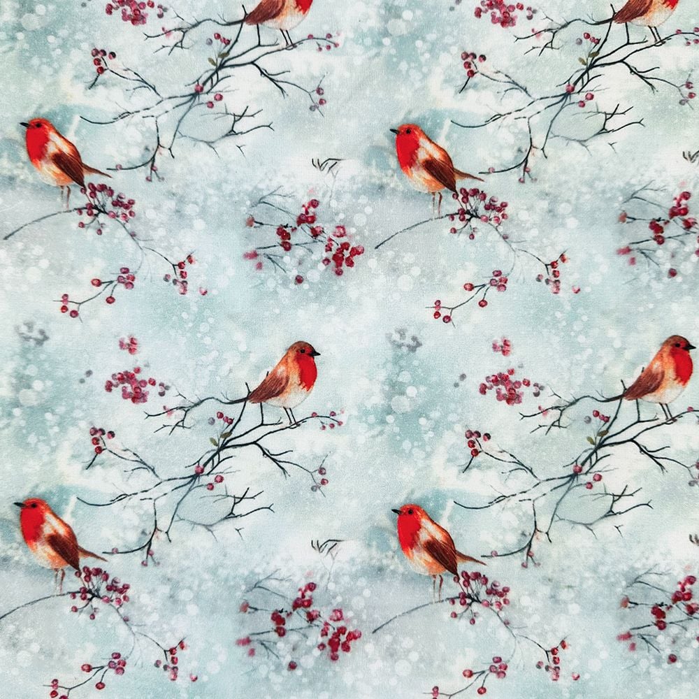 3 Metre pre cut length - 80/20 Polycotton &ndash; [DESIGN 130 Holly Robin] &ndash; 112cm Wide