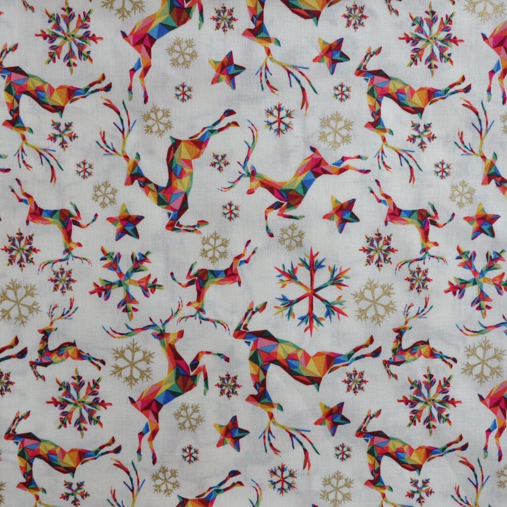 3m Pre-Cut 100% Cotton Fabric &ndash; [Multi coloured Reindeers on white] &ndash; 54"  Wide