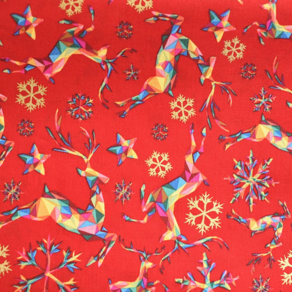 3m Pre-Cut 100% Cotton Fabric &ndash; [Multi coloured Reindeers on red] &ndash; 54" Wide