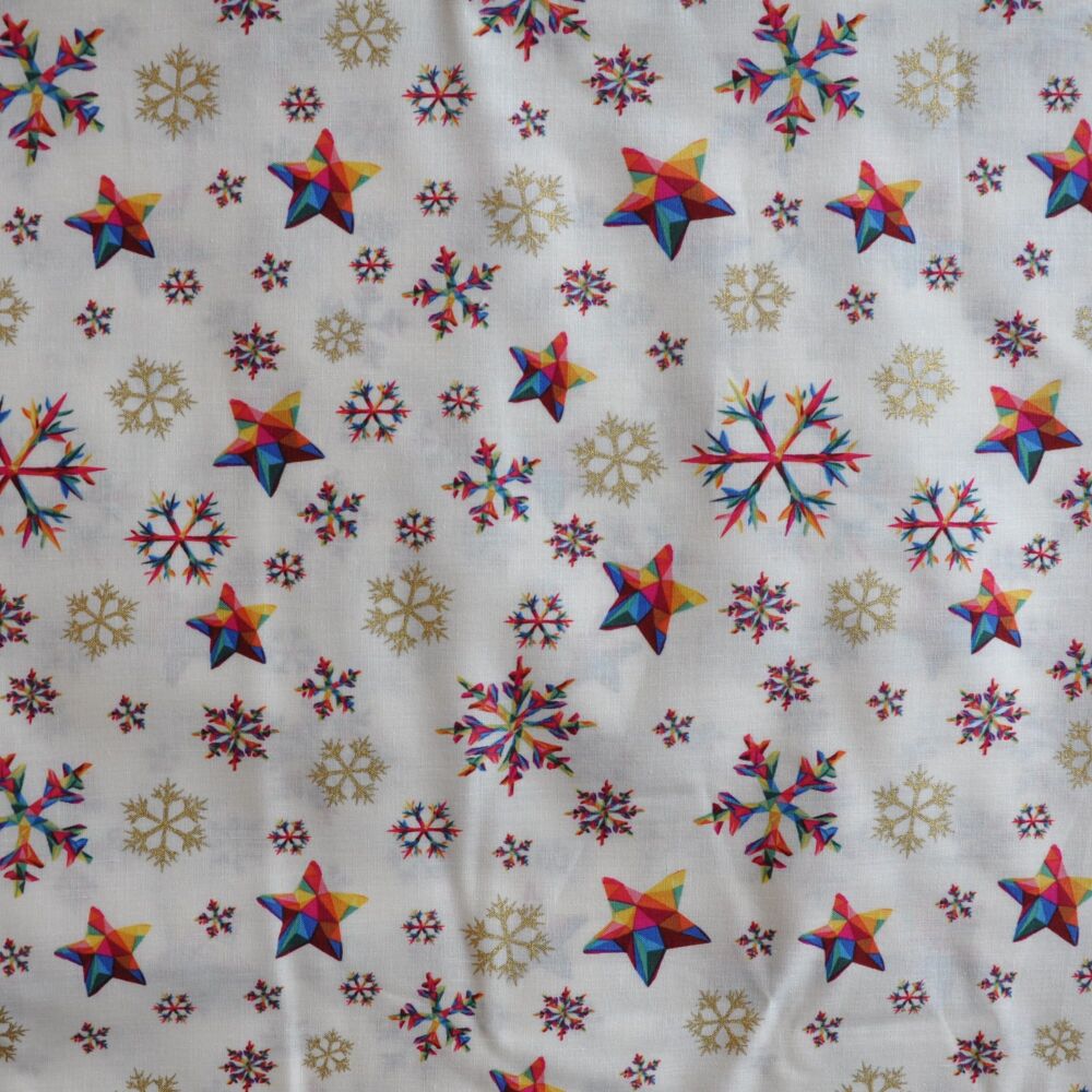 3m Pre-Cut 100% Cotton Fabric &ndash; [Christmas multi coloured stars and snowflakes] &ndash; 54" Wide