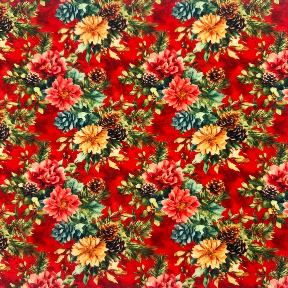 3 Metre pre cut length - 80/20 Polycotton &ndash; [DESIGN 147 Crimson Winter] &ndash; 112cm Wide