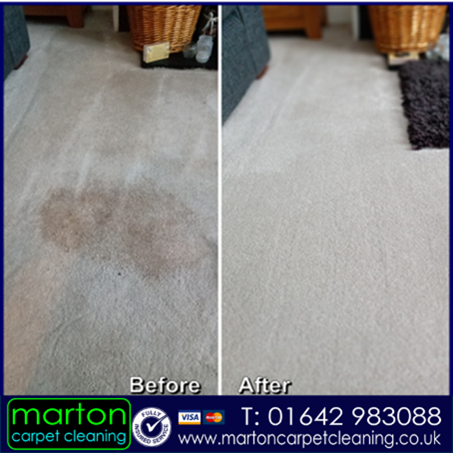  Coffee stain, completely removed and then the whole carpet cleaned in Marton Manor, Middlesbrough.