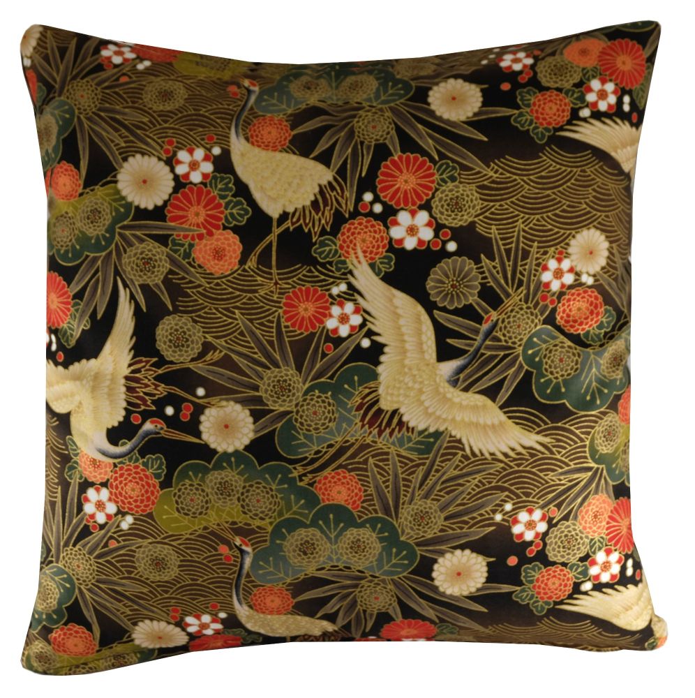 Black and Gold Crane Cushion Cover with Metallic Gold Highlights (45x45cm)