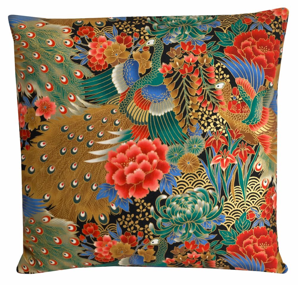 Colourful Peacock Cushion Cover with Metallic Gold Highlights  (45x45cm)