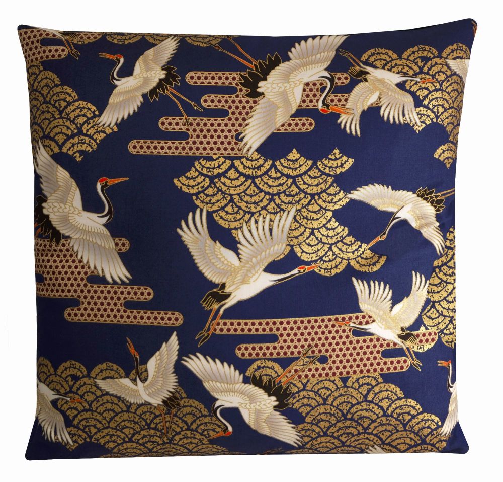 Crane Bird cushion Cover - Blue and Gold (45x45cm)