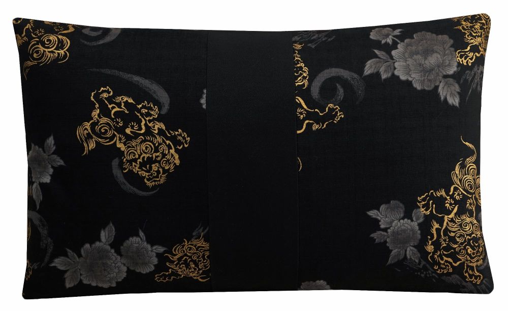 Black and Gold Cushion Cover - Foo Dogs - Japanese Cotton Pillow (30x50cm)