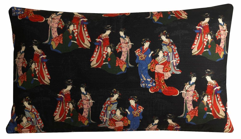 Black Japanese Cushion Cover - Geisha Print Slub Weave Cotton (30x50cm)