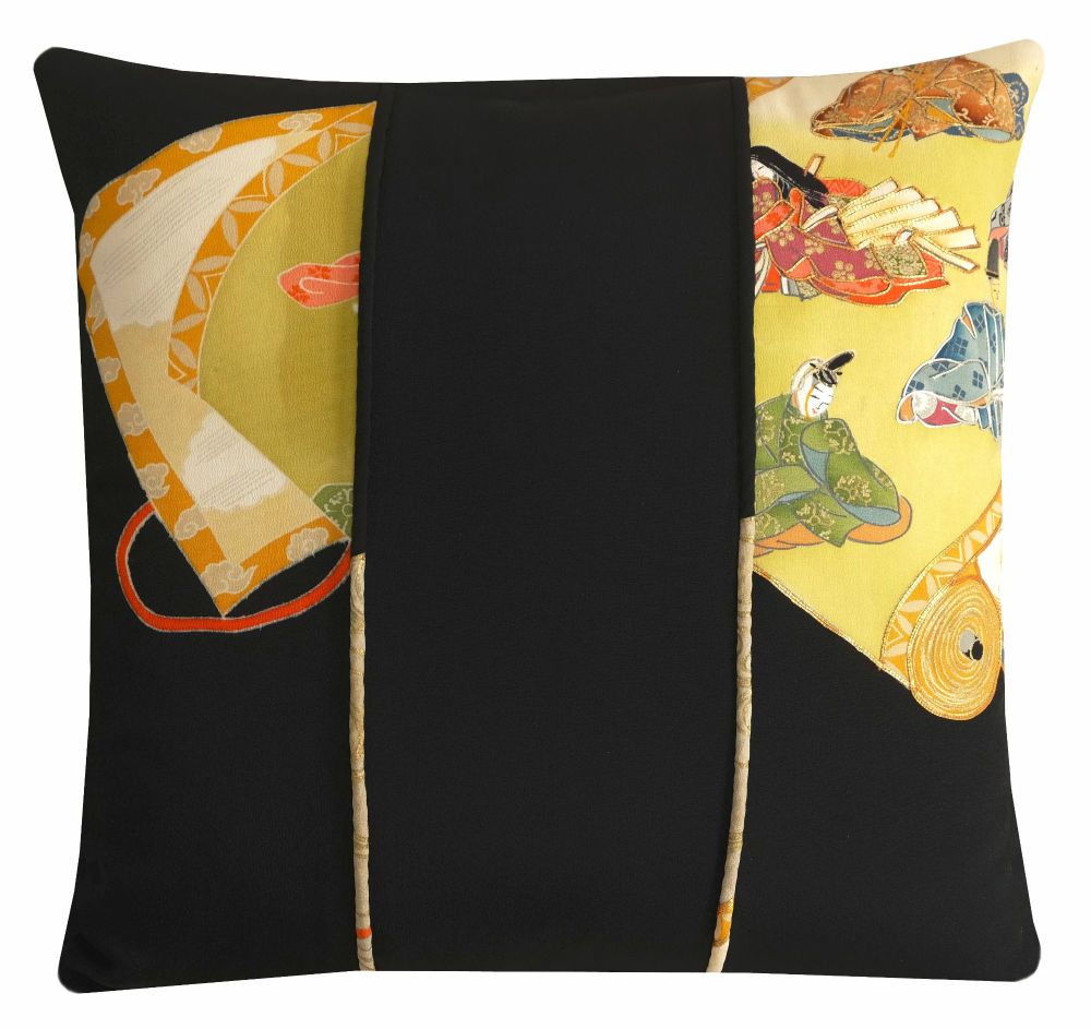 Black Silk Cushion Cover with Gold Embroidery - Poets in Kimono