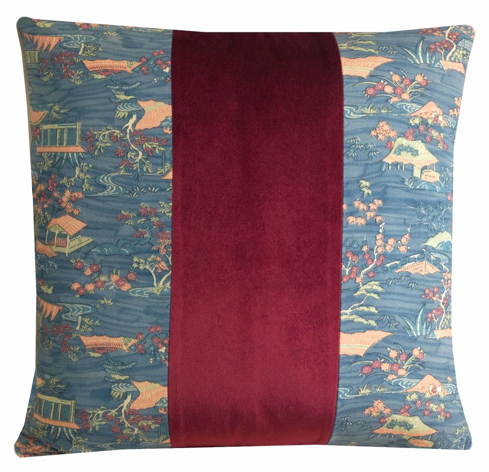 Blue and Red Japanese Floral Cushion Cover in Velvet and Silk (45x45cm)