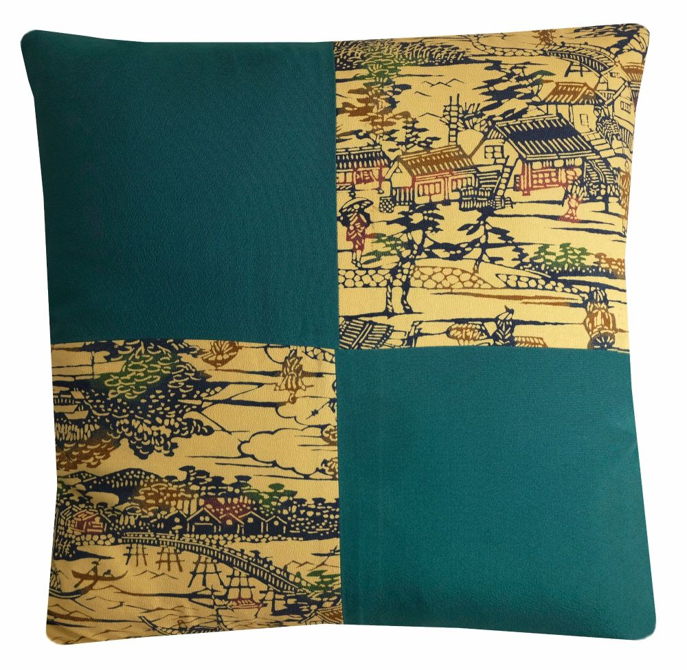 Teal and Cream Silk Cushion Cover - Chinoiserie Kimono Pillow (45x45cm)