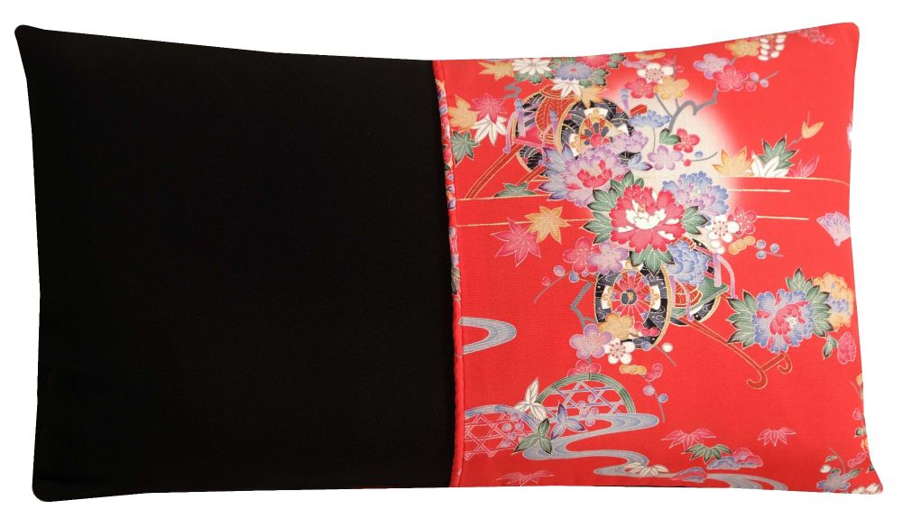 Black and Red Silk Cushion Cover - Flowers and Carts (30x50cm)