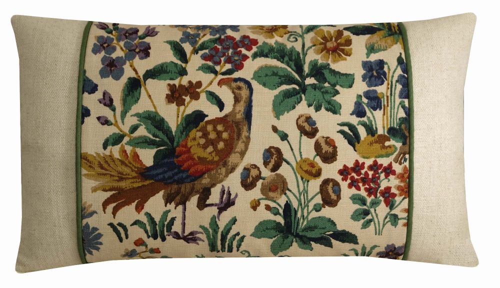 Bird and Floral Linen Cushion Cover, Cream/Beige (30x50cm)