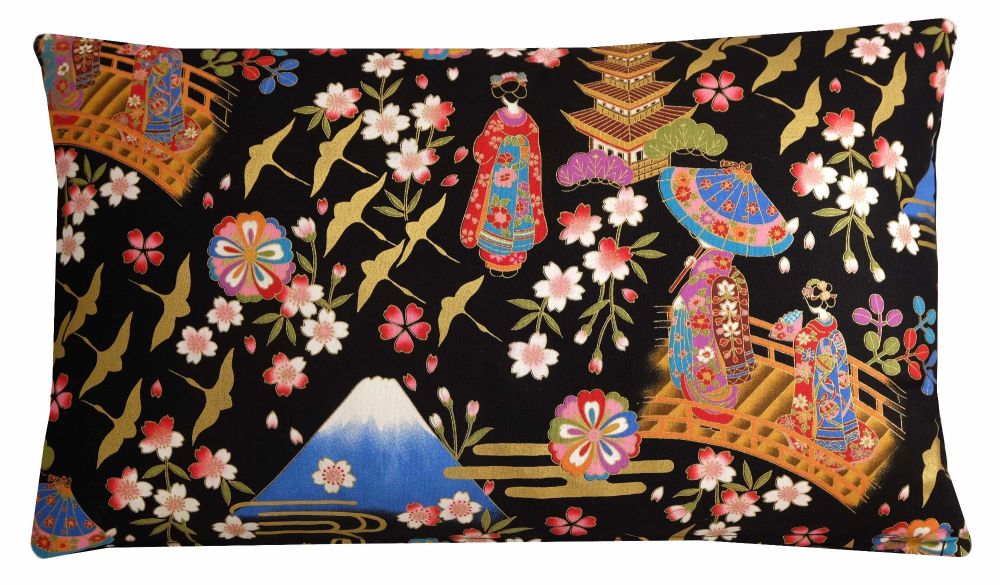 Black Japanese Floral Cushion Cover - Geisha and Flowers (30x50cm)