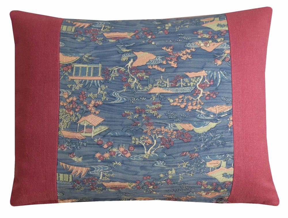 Pink and Blue Floral Cushion Cover - Japanese Silk and Linen Lumbar Pillow (35x45cm)
